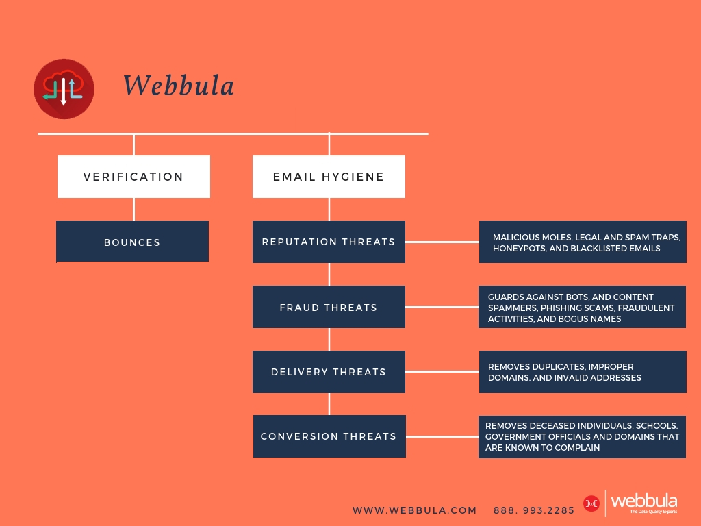 A flow diagram describing how verification and email hygiene differ. Verification simply identifies bounces. Email hygiene looks for reputation threats, fraud threats, delivery threats, and conversion threats in email marketing campaigns.