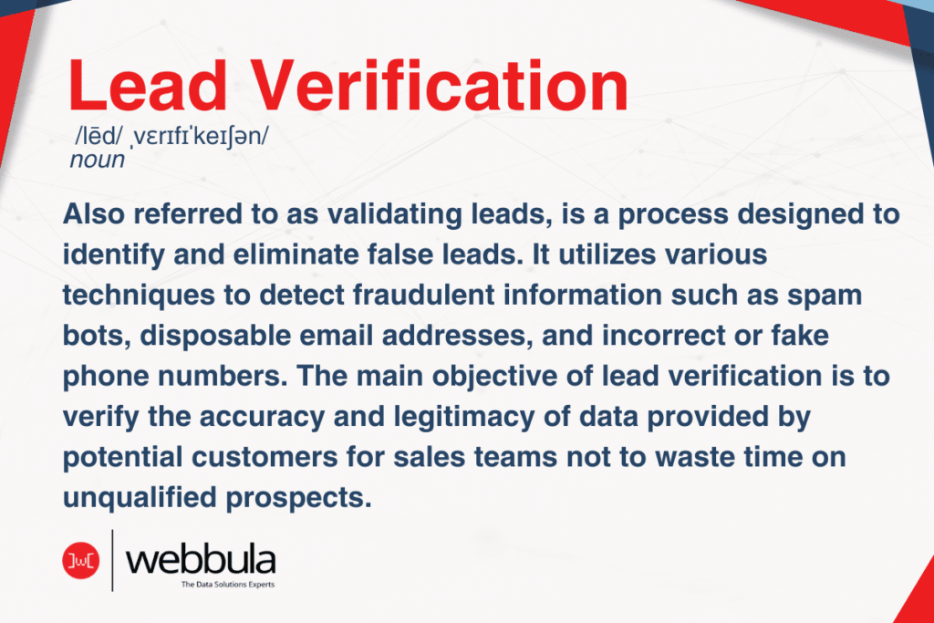 The image appears to be an informative graphic defining the term "Lead Verification". It includes the following elements: The phrase "Lead Verification" is prominently displayed at the top in large, red capital letters. Below the title, there's the phonetic spelling of the term "/lēd/ /ˌverəfəˈkāSH(ə)n/" followed by the word "noun" to indicate it's a noun. The definition provided is: "Also referred to as validating leads, is a process designed to identify and eliminate false leads. It utilizes various techniques to detect fraudulent information such as spam bots, disposable email addresses, and incorrect or fake phone numbers. The main objective of lead verification is to verify the accuracy and legitimacy of data provided by potential customers for sales teams not to waste time on unqualified prospects." The bottom of the image features the logo for "webbula: The Data Solutions Experts", which is the same as in the previous image, indicating that this graphic is likely part of a series or from the same presentation. The background of the image has a geometric pattern with red accents, consistent with the branding and design of the previous image. This graphic is educational and seems to be targeted at professionals in sales, marketing, or data management, explaining a key concept in customer acquisition and sales lead management.